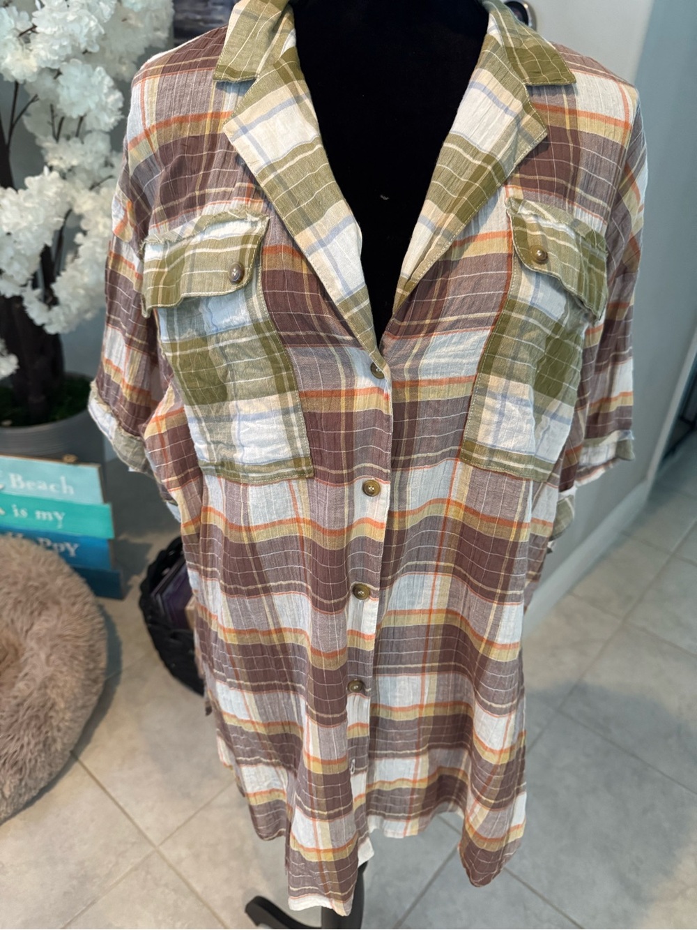 Plaid Button-Front Shirt Tunic in Brown and Olive